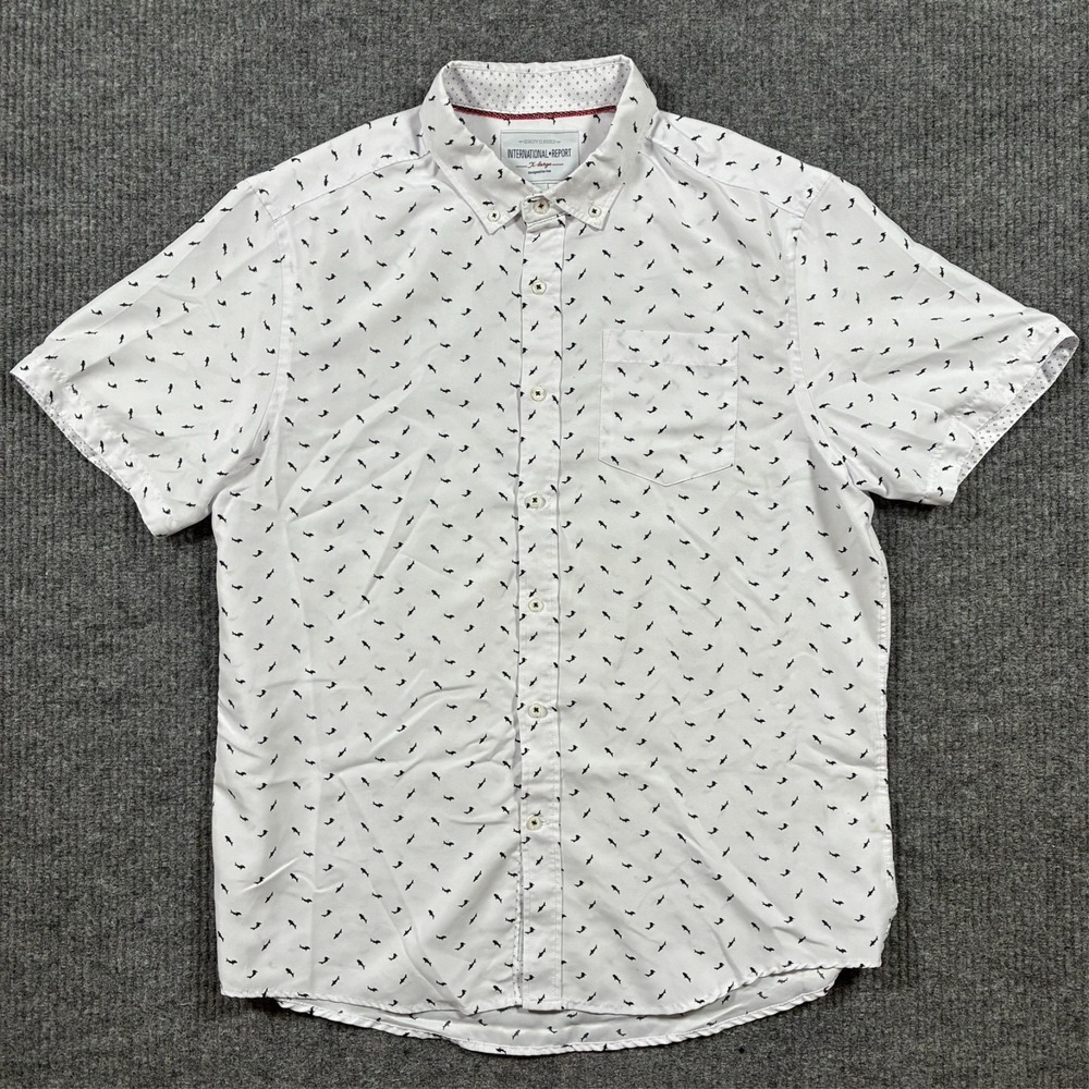 International Report Button Down Shirt Mens XL White Shark Print Short Sleeve